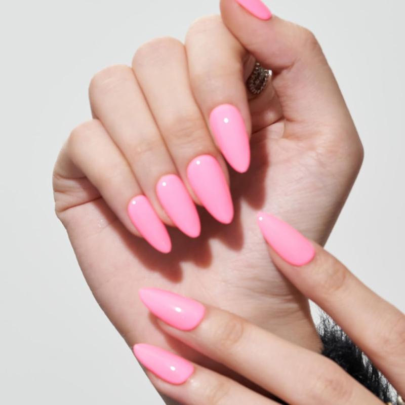 GLAMERMAID Press on Nails Medium Almond, Spring Summer Handmade Hot Pink Gel Glue on Nail, 24Pcs Glossy Short Stiletto Reusable UV Finish Fake Nails Acrylic False Nails Manicure Kits for Women 2