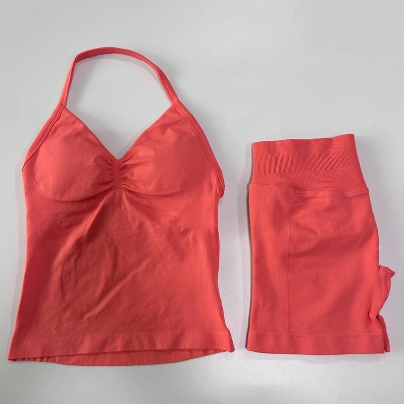 Product Introduction of 2Pcs  Gym Set Women Backless Tank Tops High Waist Scrunch Seamless Shorts Gym Suit Fitness Clothes Activewear Workout Sets 21