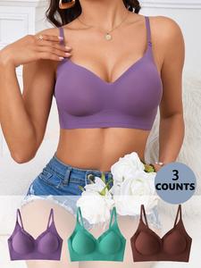 Women's 3pcs Solid Adjustable Strap Wireless Push Up Bra, Casual Soft Comfortable Breathable Seamless Bralette, Lady Lingerie for All Seasons, Intimate Clothing, Adjustable Bras, Womenswear