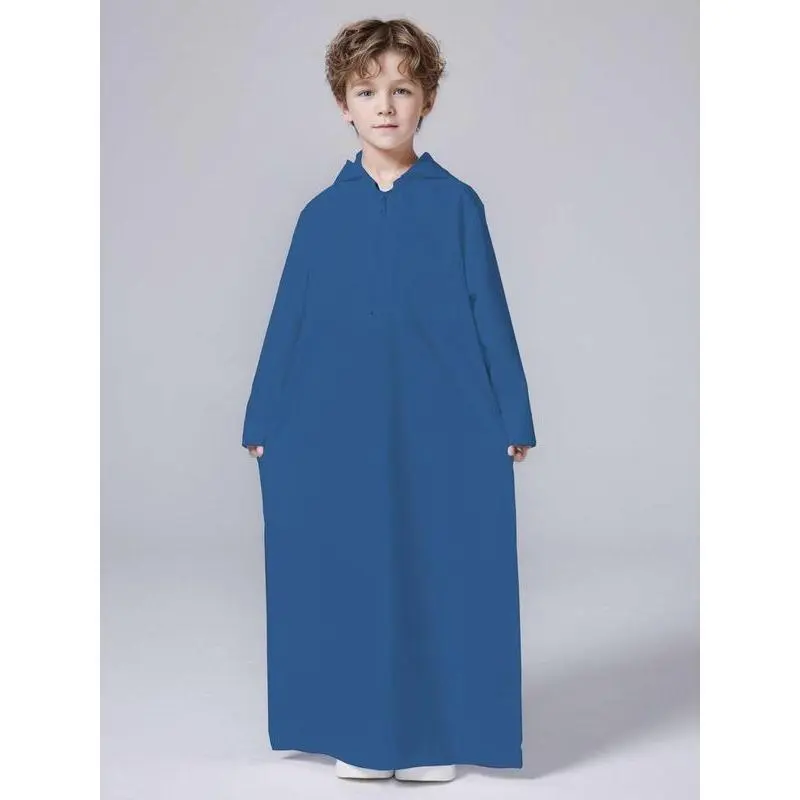 Boy's Solid Pocket Zipper Robe , Modest Hooded Long Sleeve Robe for Daily Wear, Kids Clothing for All Seasons 6