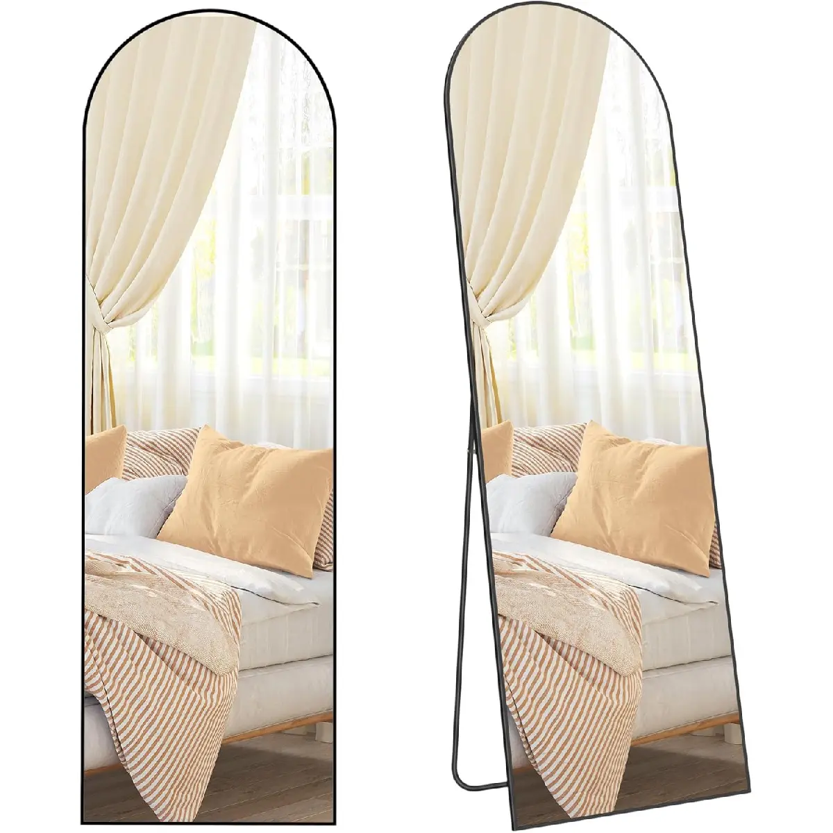 Full-length mirror, 160 x 50 cm, arched full-length mirror with stand, aluminum frame floor mirror, tempered glass, suitable for bedroom, living room, cloakroom, jet black