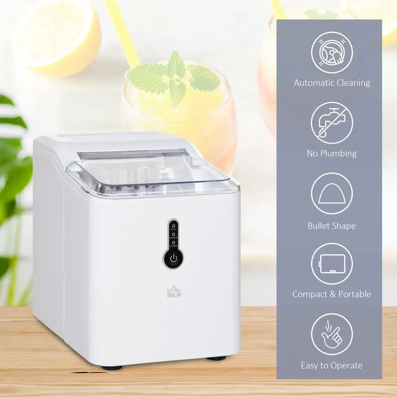 HOMCOM Ice Maker Machine, 1.5L Countertop Ice Cube Maker with Self-Cleaning, 9 Cubes Ready in 8 Mins, 12kg in 24 Hrs, No Plumbing with Basket, White 3