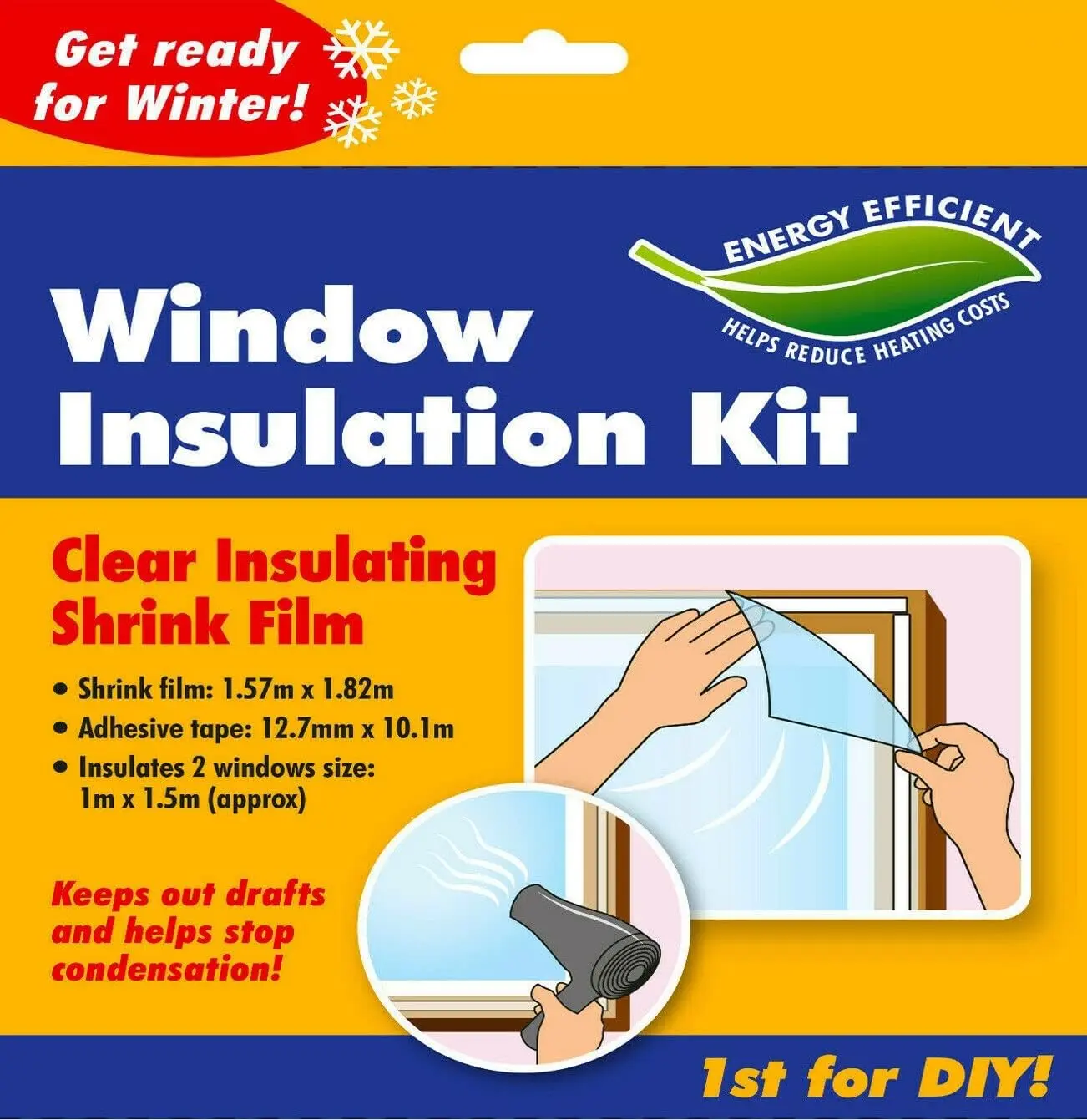 Window Film Indoor Double Glazing Insulation Kit Winter Draught Excluder Shrink Panels Frost Heating Glass Keep Out Drafts and Help in Condensation Insulating Interior 2 Windows Size 1m X 1.5m (1 Pk)