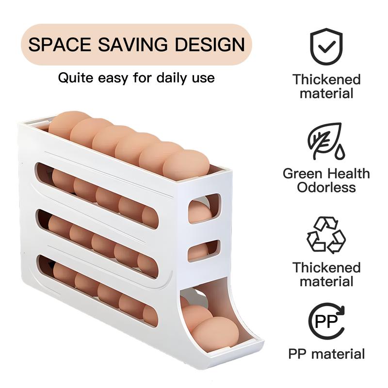 4-Tiers Auto Rolling Egg Dispenser, Space-Saving Egg Holder for Fridge and Countertop, Durable Plastic Kitchen Egg Organizer 4