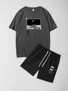 Men's Moon & Letter Print Summer Clothes Set, Loose Round Neck Short Sleeve Tee & Drawstring Waist Shorts Set, Summer Outfits 2024, Airport Outfits 2024, Men's Clothing
