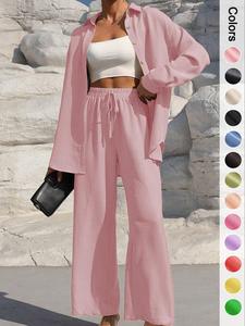 Women's Solid Button Front Shirt & Tie Front Wide Leg Pants Two-piece Set, Casual Drop Shoulder Long Sleeve Blouse Top & Trousers 2 Piece Set for Spring & Fall, Women's Clothes for Daily Wear