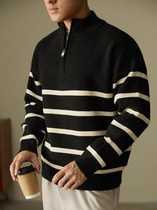 Men's Striped Print Half Zipper Funnel Neck Sweater,  Casual Drop Shoulder Long Sleeve Jumper for Fall & Winter, Men's Knitwear for Daily Wear