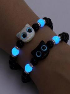 Cute Cat Charm Decor Glow in The Dark Design Beaded Bracelets, Trendy All-match & Exquisite Jewelry for Women & Men As Gift for Party, Daily Clothing Decor, Mother's Day Gift
