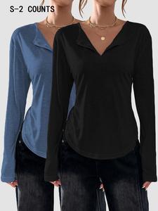 Women's Solid Button Front Long Sleeve Tee Set, Women's Top for Spring & Fall Daily Wear