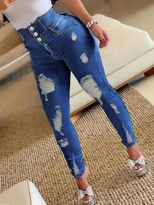 Women's Plain Ripped Button Fly Skinny Denim Jeans, Fashion Casual High Waist Pocket Design Jeans for Daily Outdoor Wear, Ladies Bottoms for All Seasons