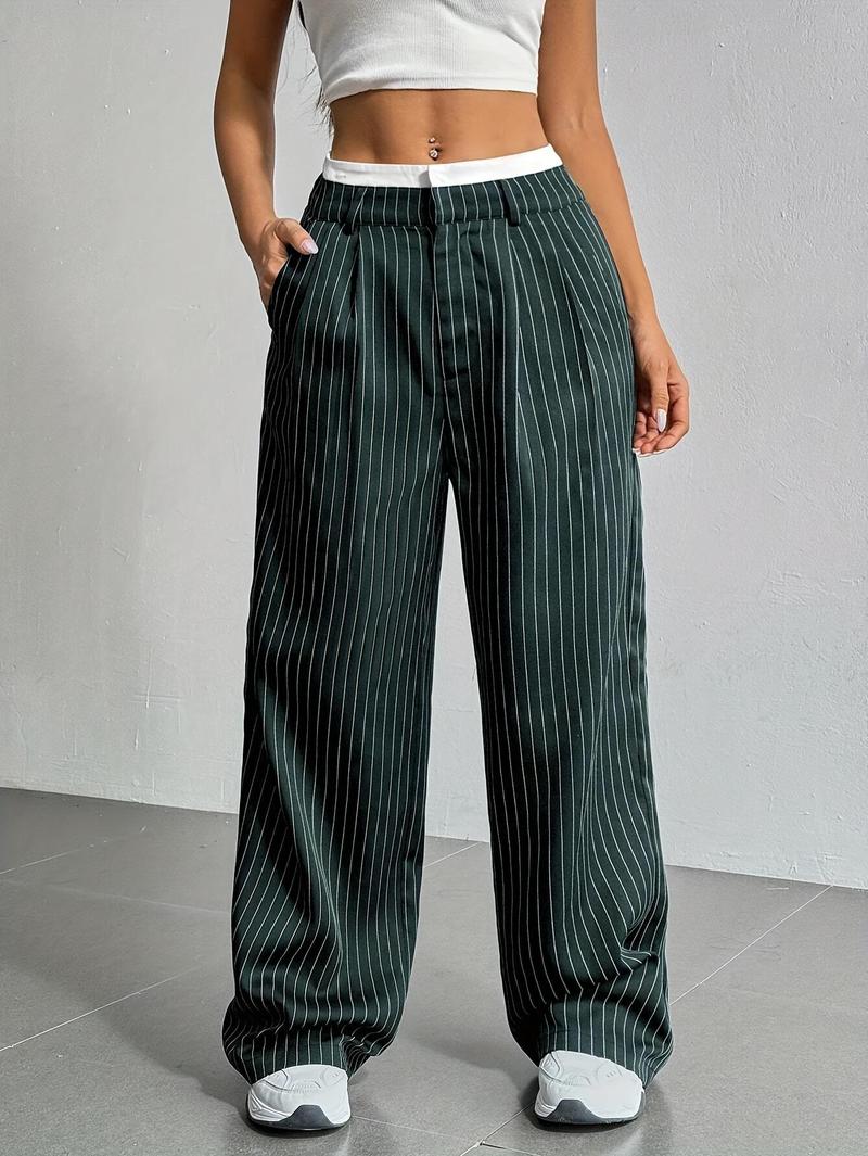 Product Introduction of Women's High-Waist Striped Wide-Leg Blazer Pants - Navy Blue & White Vertical Stripes, Polyester, Casual Style, Machine Washable, Spring/Summer/Fall Wear, Versatile Legwear | Wideleg Design | Glossy Texture, Wide Leg Pants 28