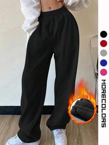 Women's Solid Elastic Waist Thermal Lined Straight Leg Pants, Casual Pocket Design Trousers for Fall & Winter, Women's Bottoms for Daily Wear, Pants for Women