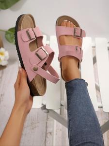 Women's Fashionable Plain Color Buckle Decorated Sandals, Strap Sandals, Toe Sandals, Casual Comfortable Flat Sandals for Summer, Lightweight Breathable Shoes for Daily Wear, Beach Sandals