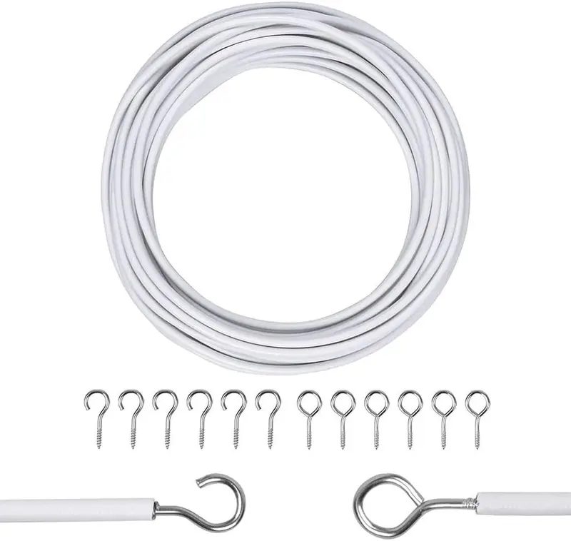 Net Curtain Wire with Hooks and Eyes - 3 m Extra Strong Curtain Wire with 4 Hooks and Eyes - Perfect Curtain Wire Kit, White 0