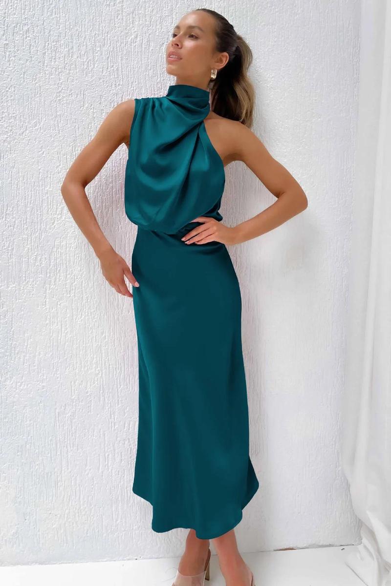 Product Introduction of 2025 Spring/Summer Long Dress for Women High Waist Halter Satin Sleeveless Dress Fashion Elegant Solid Evening Party Dresses 24