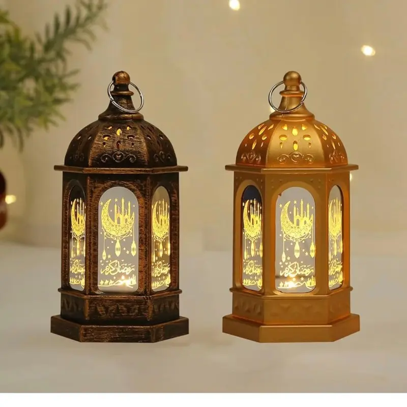 Mini Ramadan Candle Lantern Decorations for Centerpiece, Moroccan Style LED Eid Hanging Lantern Decorations for Home Ramadan Wedding Christmas Table Decor (Gold and Bronze)
