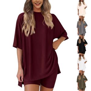 Women's Two-Piece Casual Set - Oversized Short Sleeve T-Shirt and Shorts - Summer Casual Clothing, Soft Stretch Loungewear Set Womenswear Suits