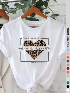 Women's Leopard & Heart Print Round Neck Tee, Casual Fitted Short Sleeve T-shirt for Summer, Ladies Clothes for Daily Wear