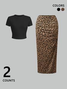 Women's Leopard Print Curved Hem Crop Top & Skirt Two-Piece Set, Casual Fashion Cozy Top & Skirt for Daily Outdoor Wear, Ladies for Summer, Clothes