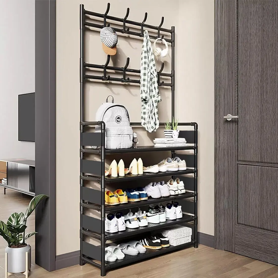 New Coat and Hat Stand 8 Hooks Metal Shoe Rack 5 Tiers Shelf Hanger Black UK