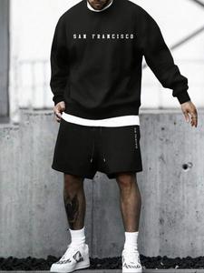 Men's Letter Print Sweatshirt & Track Shorts Set, Casual Long Sleeve Pullover & Shorts, Men's Spring & Fall Clothes