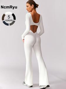 Women's High Elasticity Long Sleeved Jumpsuit with Wide Legs, Hollow Back Waist Lifting and Tight Fitting Yoga Clothes for All Seasons Golf Tennis Outdoor Running Cycling Hiking Walking Gym Sports Training Fashionable and Versatile, Stylish Activewear