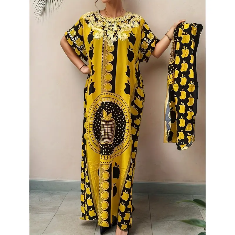 Elegant Plus Size Floral Print Kaftan - Breathable Polyester Round Neck Short Sleeve Maxi Dress for Women - Machine Washable, Perfect for Ramadan & All Seasons 4