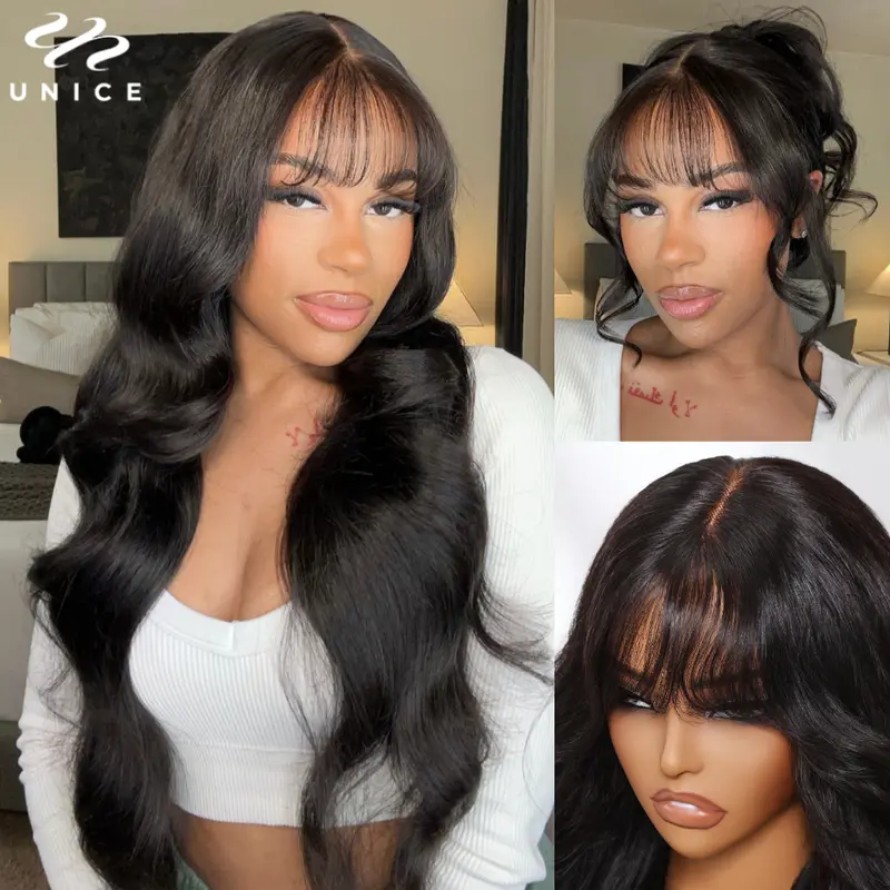 Unice Hair Pre Cut Pre Bleached 7x5 Loose Wave Wig With Bangs Wear Go Glueless Wig Pre Plucked Lace Front Human Hair Wig 1