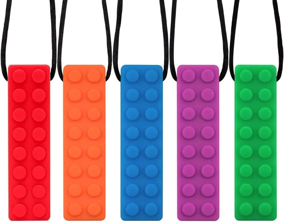 Sensory Chew Necklace, 5 Pack Silicone Chew Pendant Training and Development Fidget Toy Chewing Necklace for Teething Babies, Autism ADHD SPD, Oral Motor, Anxiety, Autistic Children
