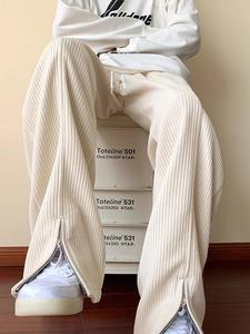 Men's Solid Color Zipper  Design Pants, Loose Casual Comfy Corduroy Trousers for Summer, Woven Bottoms for Men