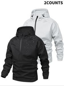 Men's Solid Color Waterproof Hooded Jacket, Casual Regular Fit Long Sleeve Half Zip Up Jacket for Outdoor Activities, Fashion Men's Clothes for All Seasons