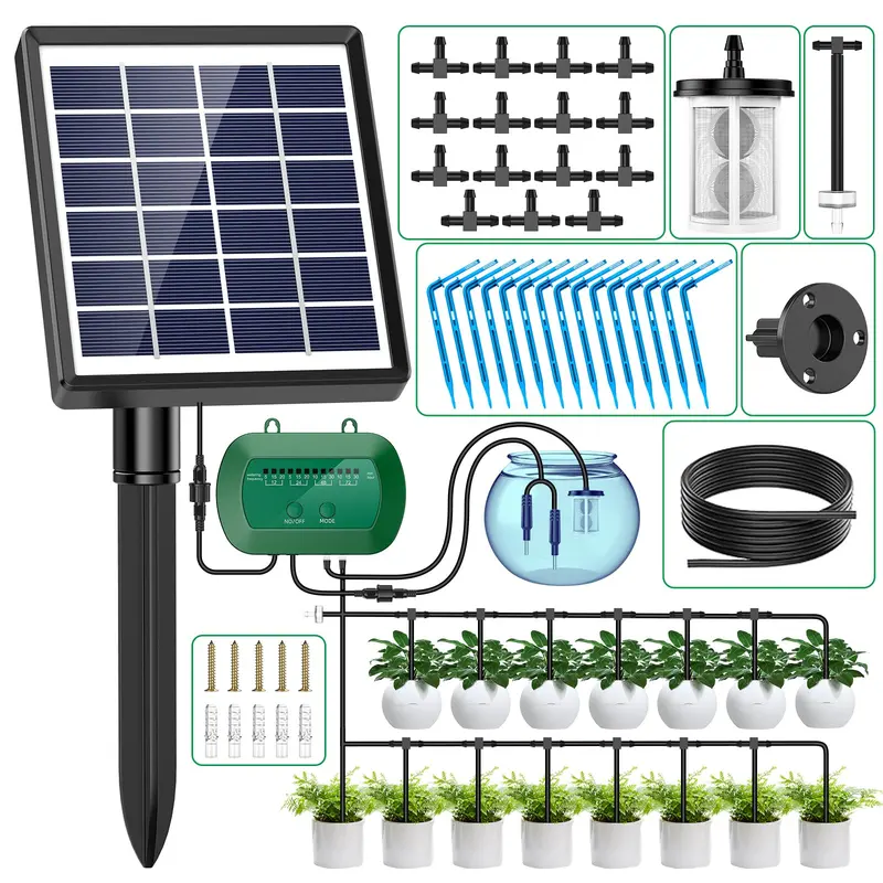 AnseTo Solar Irrigation System,Solar Drip Irrigation Kit with 15 Drippers,Solar Watering System DIY Automatic Watering System for Garden,Plant,Greenhouse,Terrace,Eco-Friendly and Energy-Saving, 2w 0
