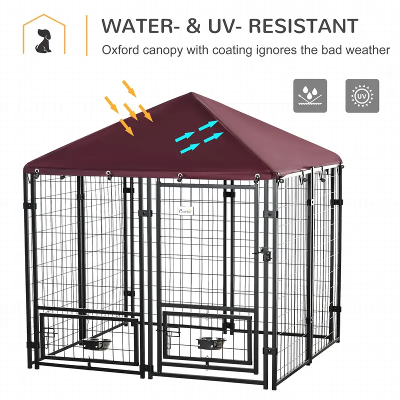Outdoor Dog Kennel with Rotating Bowl Holders, Water and UV-Resistant Cover for Medium & Small Dogs, Red 3