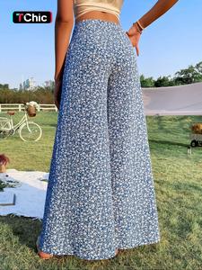 Women's Ditsy Floral Print High Waist Wide Leg Pants, Boho Casual High Rise Trousers for Beach Vacation Holiday, Summer Outfits 2024, Ladies Bottoms for Summer, Loose Legged Pants