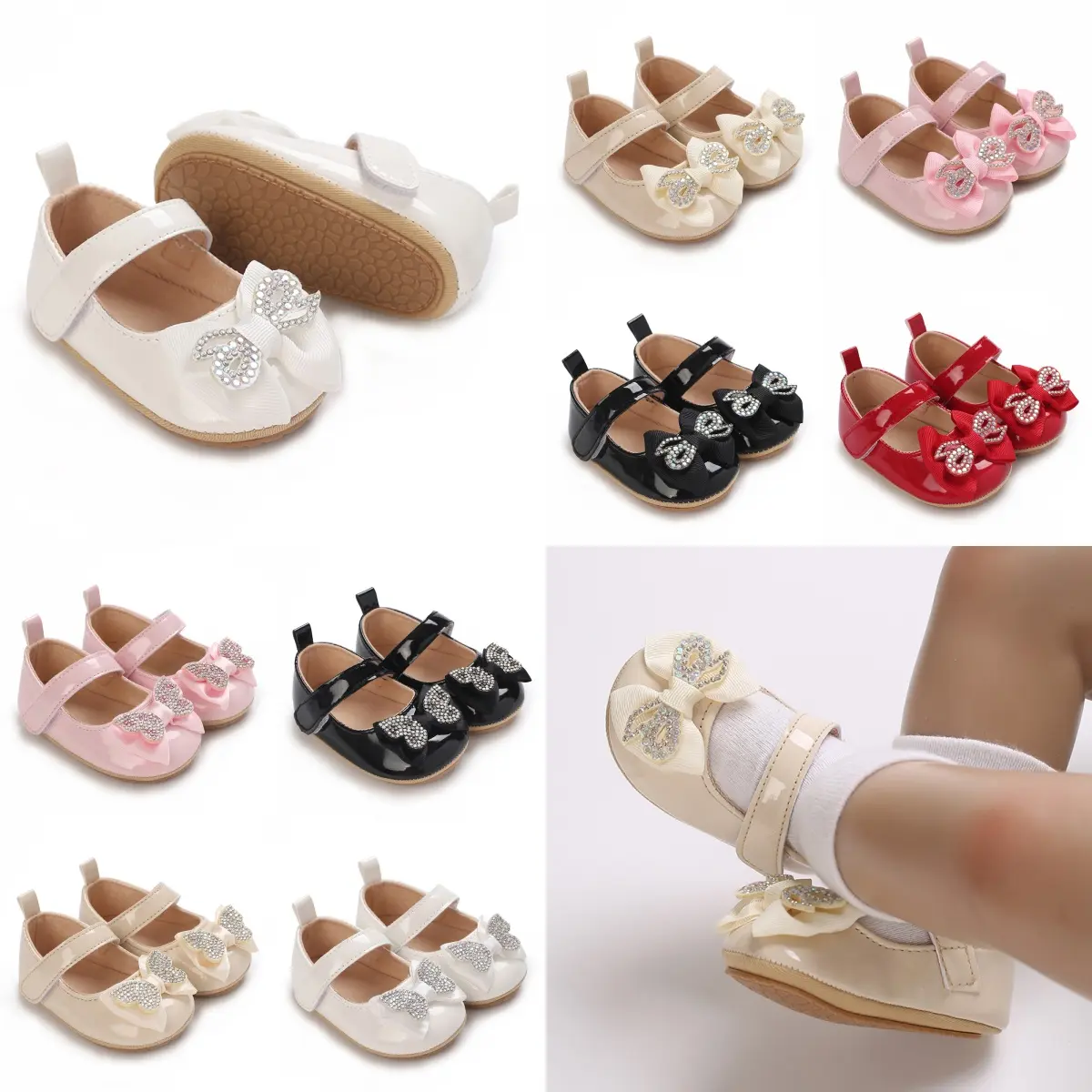 New 0-18M Newborn Baby Girl Cute PU Leather Multi color Rubber Soft Sole Princess Shoes Bow Step 1 Walking Shoes for