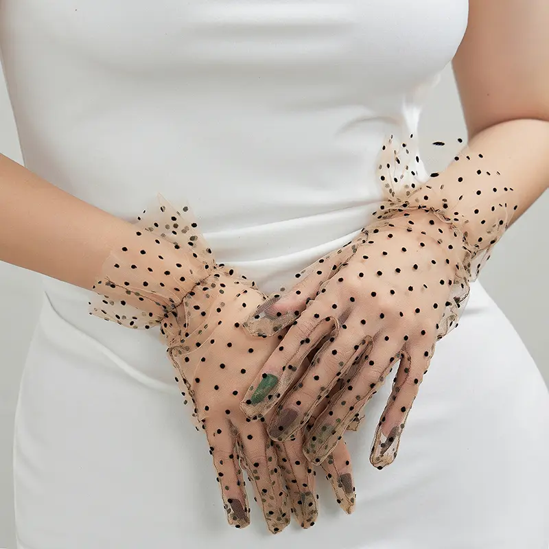 Women Long Tulle Gloves Stretchy Sexy Lace Short Full Finger Mittens Lotus Leaf Sheers Elegant Lady Driving Dot Wedding Gloves 7