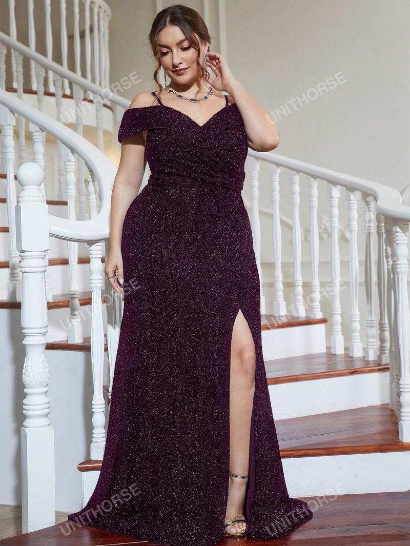 Product Introduction of Sequin Thigh Split Shoulder Plus Cold Formal Dress 33