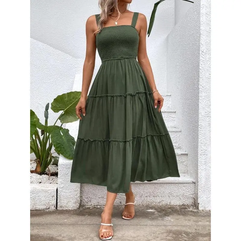 Women's Frill Trim Ruffle Hem Shirred Backless Sundress Cami Dress, Sleeveless A Line Long Dress, Women's Clothing for Beach Holiday