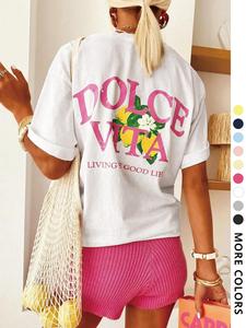 Women's Lemon & Letter Print Round Neck Graphic Tee, Vintage Trendy Casual Short Sleeve T-shirt for Daily Wear, Ladies All Seasons Outfit, Top