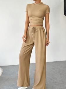 Women's Solid Crop Top & Wide Leg Pants Set, Casual Fashion Cozy Two-piece Outfits for Daily Outdoor Wear, Women Clothes for Summer, Womenswear