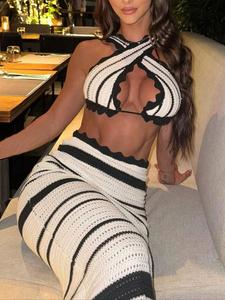 Women's Colorblock Striped Pattern Crop Sweater & Skirt Two-piece Set, Casual Fashion Cozy Knitwear Set for Daily Outdoor Wear, Ladies Summer Clothes