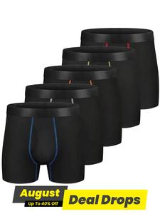 Men's Solid Color Top Stitching Trunk with Fly,casual Comfy Breathable Fabric Fitted Plain Underwear for Daily Wear, Men's Underwear for All Seasons, Undergarments, Boxer Brief, Stretchy Boxer Briefs, Black