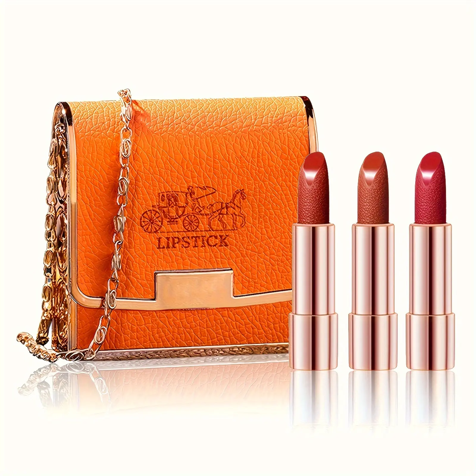 3-Colour Velvet Matte Lipstick Gift Set with Waterproof, Smudge-Proof & Long-Lasting Formula, Includes Orange Chain Bag - Gloss, Lipgloss Gloss Lipgloss Makeup