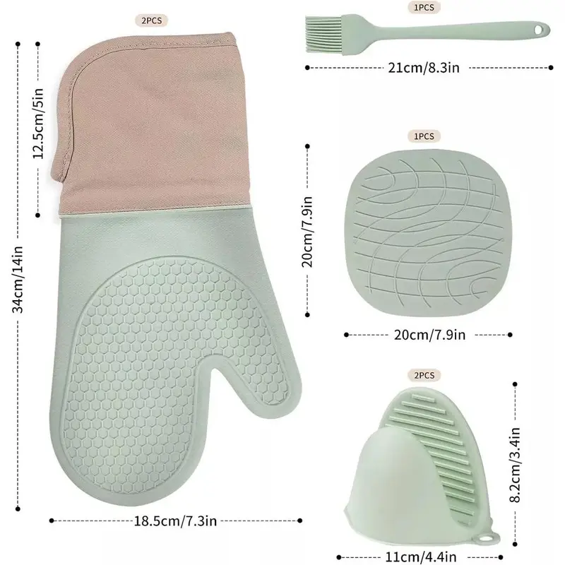 Heat Resistant Silicone Oven Gloves and Pot Mats Set for Cooking and Baking - Bakeware Kitchen Waterproof 6