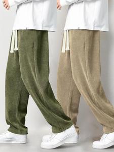 Men's Solid Color Drawstring Waist Corduroy Pants, Loose-Fitting Casual Comfy Side Pocket Design Straight Leg Trousers for Fall & Winter, Men's All-Match Draped Pants for Daily Wear