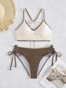 Women's Plain Contrast Trim Bikini Set, Casual Fashion Chic Tie Shoulder Swim Top & Swim Bottom Two-piece Swimsuit for Beach Holiday Vacation, Ladies Swimwear for All Seasons, Bikinis Sets