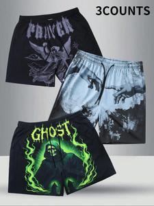 Men's Regular Fit Skull & Letter & Hand Print Drawstring Waist Shorts, Regular Fit Casual Comfy Beach Shorts, Men's Summer Bottoms for Vacation Holiday