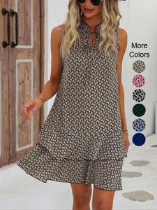 Women's Geometric Print Bow Dress, Casual Fitted Woven Dress, All-Seasons Wear, Multi-Layered Cake Skirt Design, Summer