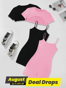 Four-Piece Set Women's Solid High Low Crop Tee & Cami Romper, Casual Soft Short Sleeve Super Crop Top & Sleeveless Bodycon Romper, Summer Outfits 2025, Cute Summer Outfit, Womenswear, Stretchy
