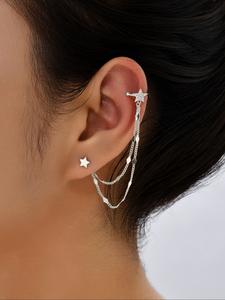 1 Pair Star & Chain Decorated Ear Cuff, Casual Artificial Zircon Jewelry for Women, Trendy Accessories for Party and Daily Life